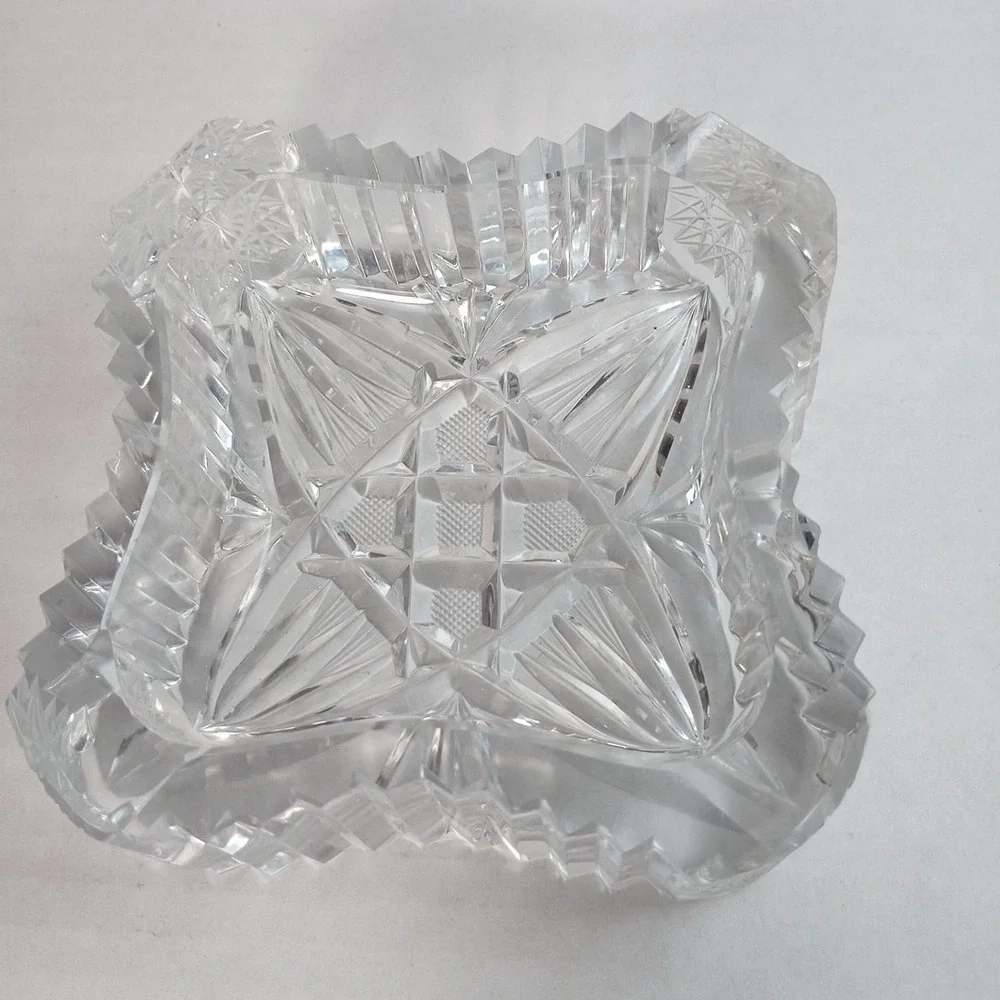 Set of 2 VTG Cigar Ashtray Cut Crystal Glass Tobacciana Heavy Diamond Sawtooth